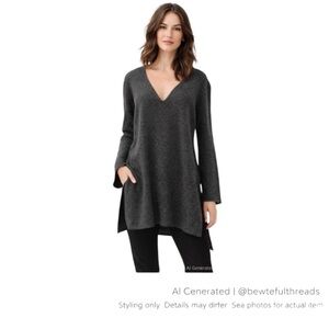 Helmut Lang Charcoal Wool Cashmere Longline V-Neck Tunic Sweater M